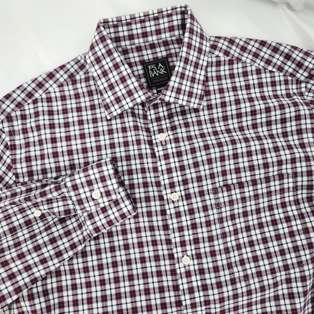 Jos A Bank Traveler Button Up Shirt Mens‎ Medium Burgundy Blue Plaid Tailored